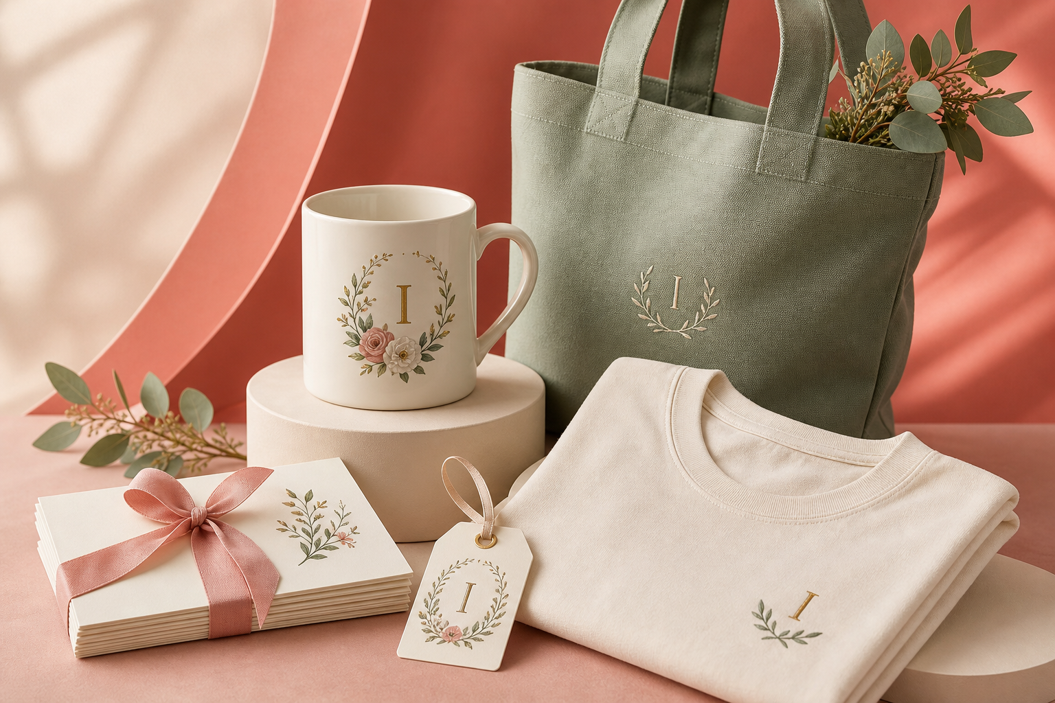 Ivett's Gift Box personalized shirt, monogrammed mug, note cards, and gift tag